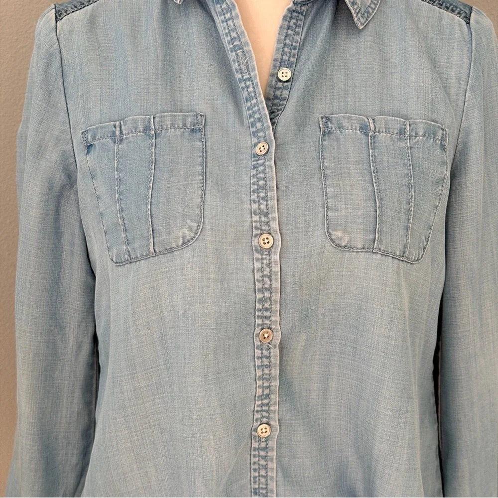 Chico's Light Blue Tie-Front Denim Button-Down - Picture 2 of 12